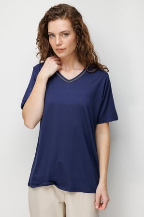 Desen Triko Kadın V Yaka Yaka Kenarı Zincirli Penye T-Shirt 26707 Lacivert