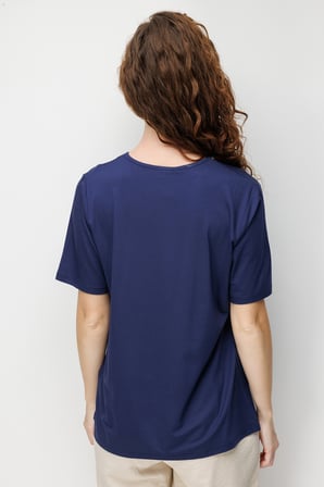 Desen Triko Kadın V Yaka Yaka Kenarı Zincirli Penye T-Shirt 26707 Lacivert