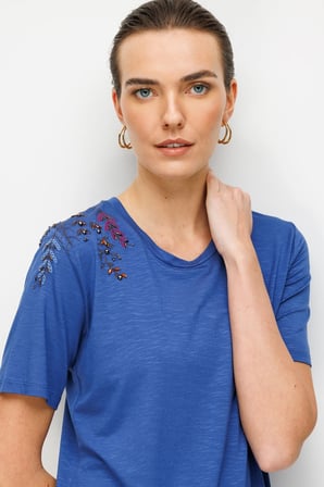 Desen Triko Kadın Sıfır Yaka Tek Omzu Nakışlı Penye T-Shirt 26701 Indigo