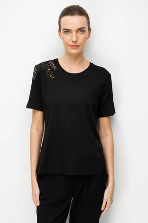 Desen Triko Kadın Sıfır Yaka Tek Omzu Nakışlı Penye T-Shirt 26701 Siyah