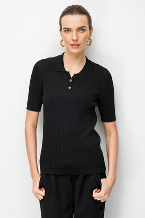 Desen Triko Kadın Polo Yaka Saç Örgülü İnce Triko Bluz 26373 Siyah