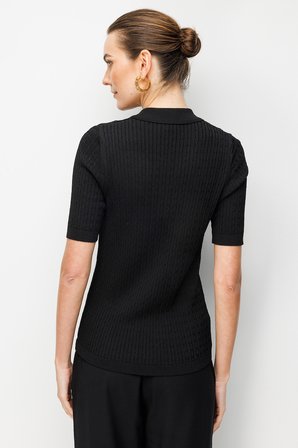 Desen Triko Kadın Polo Yaka Saç Örgülü İnce Triko Bluz 26373 Siyah