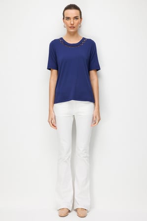 Desen Triko Kadın Sıfır Yaka Yakası Çift Şeritli Taşlı Penye T-Shirt 26840 Lacivert