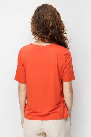 Desen Triko Kadın Sıfır Yaka Yakası Çift Şeritli Taşlı Penye T-Shirt 26840 Oranj