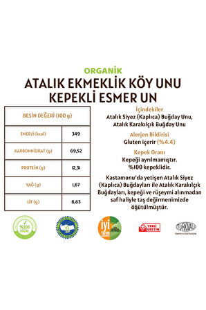 Organik Atalık Ekmeklik Köy Unu - Kepekli Esmer Un - 1 Kilo