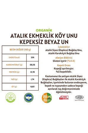 Organik Atalık Ekmeklik Köy Unu - Kepeksiz Beyaz Un - 1 Kilo