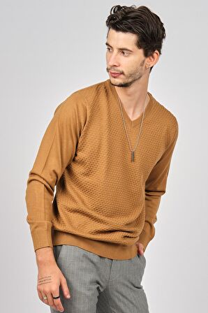 Desen Triko Erkek V Yaka Yün Kazak 0249617 Taba