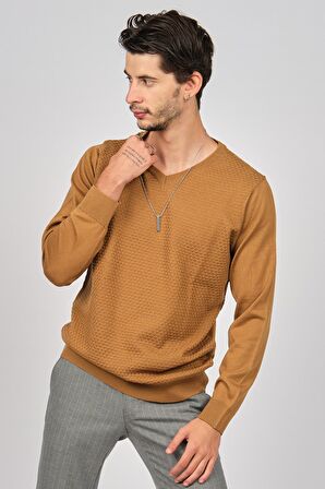 Desen Triko Erkek V Yaka Yün Kazak 0249617 Taba