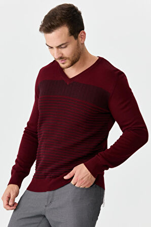 Desen Triko Erkek Desenli V Yaka Yün Kazak 0249640 Bordo