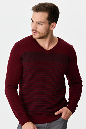 Desen Triko Erkek Desenli V Yaka Yün Kazak 0249640 Bordo