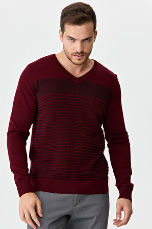 Desen Triko Erkek Desenli V Yaka Yün Kazak 0249640 Bordo