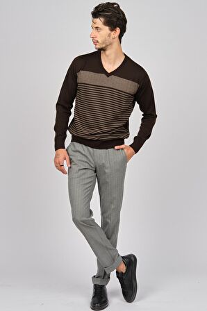 Desen Triko Erkek Desenli V Yaka Yün Kazak 0249640 Kahverengi