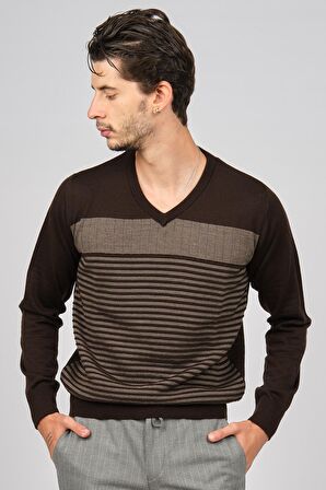 Desen Triko Erkek Desenli V Yaka Yün Kazak 0249640 Kahverengi