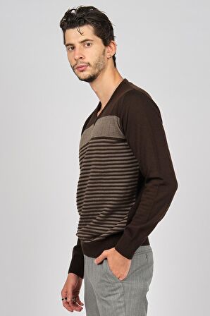 Desen Triko Erkek Desenli V Yaka Yün Kazak 0249640 Kahverengi