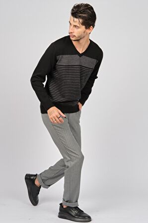 Desen Triko Erkek Desenli V Yaka Yün Kazak 0249640 Siyah