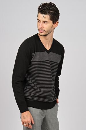 Desen Triko Erkek Desenli V Yaka Yün Kazak 0249640 Siyah