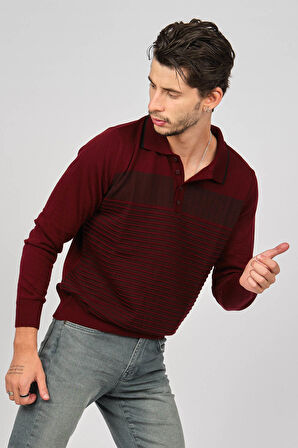 Desen Triko Erkek Desenli Polo Yaka Yün Kazak 0249642 Bordo