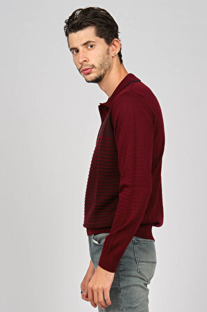 Desen Triko Erkek Desenli Polo Yaka Yün Kazak 0249642 Bordo