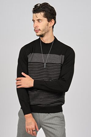 Desen Triko Erkek Desenli Yarım Balıkçı Yün Kazak 0249641 Siyah