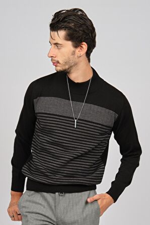 Desen Triko Erkek Desenli Yarım Balıkçı Yün Kazak 0249641 Siyah