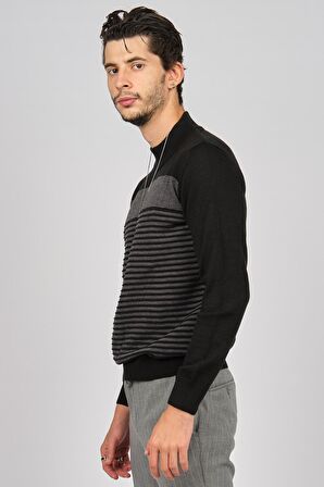 Desen Triko Erkek Desenli Yarım Balıkçı Yün Kazak 0249641 Siyah