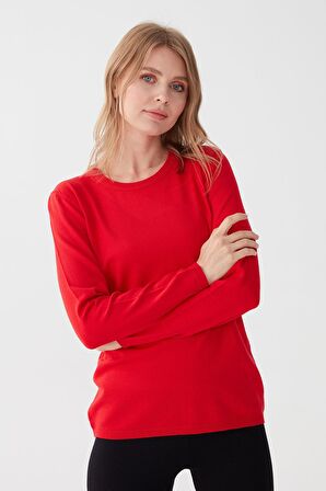 Desen Triko Kadın Likralı Uzun Kol Basic Sıfır Yaka Bluz 0240015 Mercan