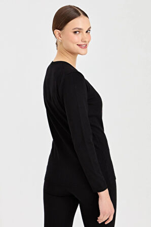 Desen Triko Kadın Likralı Uzun Kol Basic Sıfır Yaka Bluz 0240015 Siyah