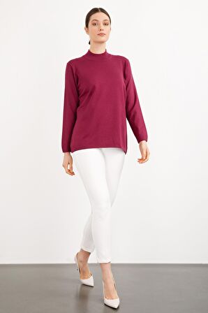 Desen Triko Kadın Likralı Uzun Kol Basic Yarım Balıkçı Bluz 0240016 Mürdüm