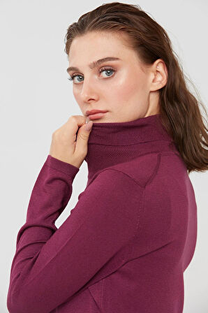 Desen Triko Kadın Likralı Uzun Kollu Basic Tam Balıkçı Bluz 20017 Mürdüm