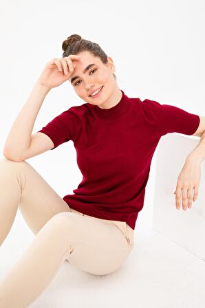 Desen Triko Kadın Yarım Balıkçı Bluz 02420345 Vişne