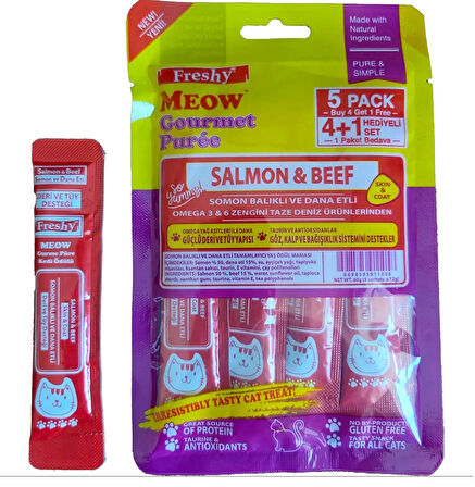 Freshy Meow Gurme Somonlu ve Dana Etli Sıvı Kedi Ödülü 5'li Paket 60 Gr