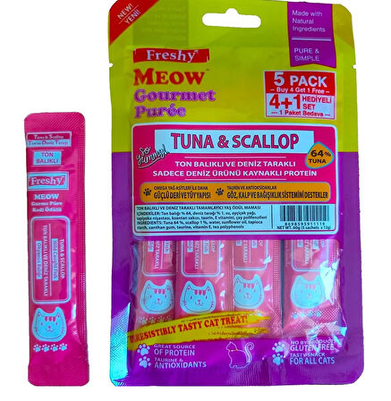 Freshy Meow Gurme Ton Balıklı ve Deniz Taraklı Sıvı Kedi Ödülü 5'li Paket 60 Gr