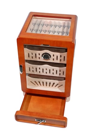 PremiumQuality Ahşap Aksesuar Çekmeceli Camlı Sedir Humidor Puro Kutusu - TR8822