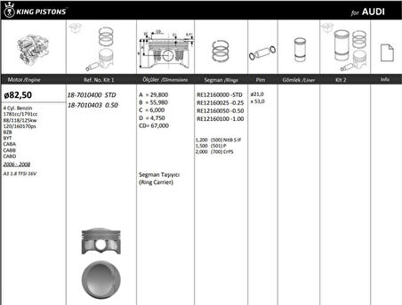 Vag Piston Segman Std 82,51mm A3 A4 Leon Toledo Altea Superb Octavıa Passat 1.8tsi / Tfsi Byt Bzb Caba C - Kingpiston 18-7010400