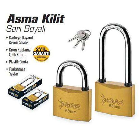 Sgs Asma Kilit Uzun Kancalı Sarı Boyalı 63mm SGS1353