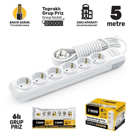 SGS3493 Grup Priz Topraklı Altılı 5 Metre, Uzatma Kablosu, Üçyol