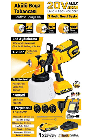 SGS 5460 20V 2Ah Akülü Boya Püskürtme Tabancası 1400 ml Hazne 3 Nozullu LED Işıklı