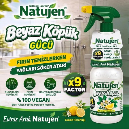 Natujen Genel Amaçlı Temizleyici Beyaz Köpük Gücü Limon Ferahlığı X9 Factor 2x1000 ml. 2'li Set