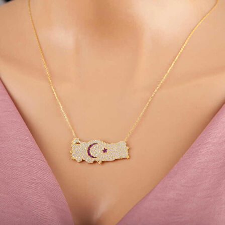 Gümüş Gold Ay Yıldız Türkiye Haritası Kadın Kolye