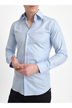 G 565 Slim Fit Dik Yaka Pamuk Saten Uzun Kol Klasik Açık Mavi Gömlek 