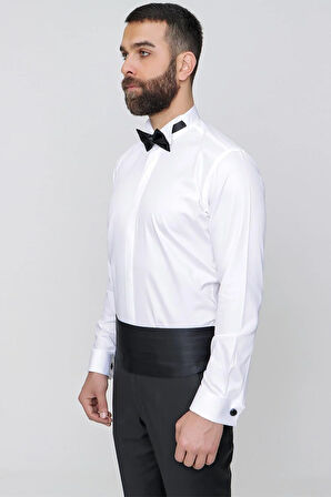Gk 148 Slim Fit Duble Manşet Ata Yaka Ekru Damatlık Smokin Gömlek