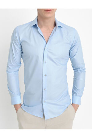 Gk 157 Slim Fit Pamuk Saten Uzun Kol Klasik Açık Mavi Gömlek 