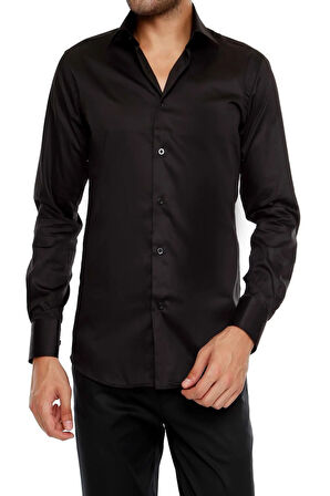 Gk 214 Slim Fit Klasik Yaka Pamuk Saten Uzun Kol Siyah Gömlek 