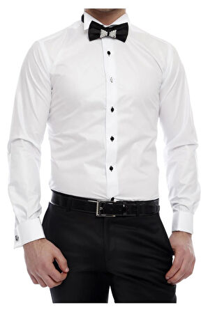 Gk 360 Slim Fit Duble Manşet Ata Yaka Beyaz Damatlık Smokin Gömlek 