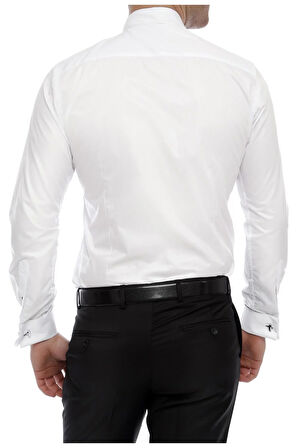 Gk 360 Slim Fit Duble Manşet Ata Yaka Beyaz Damatlık Smokin Gömlek 