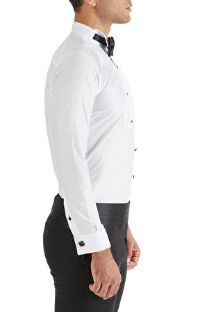 Gk 361 Slim Fit Duble Manşet Önü Piliseli Ata Yaka Beyaz Damatlık Smokin Gömlek 