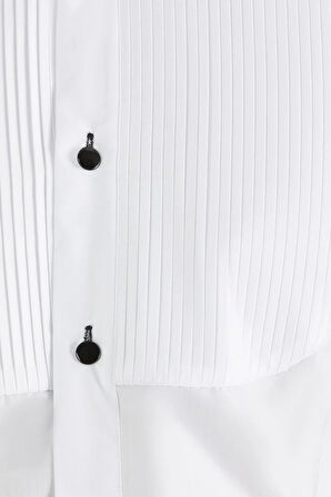 Gk 361 Slim Fit Duble Manşet Önü Piliseli Ata Yaka Beyaz Damatlık Smokin Gömlek 
