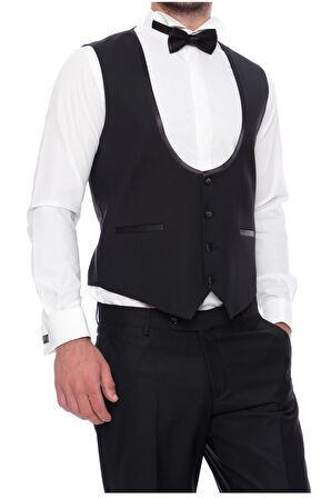 Y 120 Slim Fit Saten Biyeli Siyah Damatlık Smokin Yelek