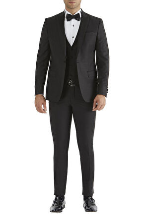 Black 034 Slim Fit Yelekli Çıkma Saten Yaka Siyah Damatlık Smokin Takım