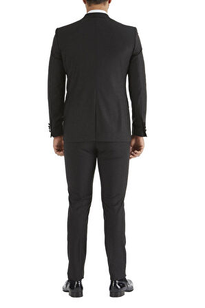 Black 034 Slim Fit Yelekli Çıkma Saten Yaka Siyah Damatlık Smokin Takım